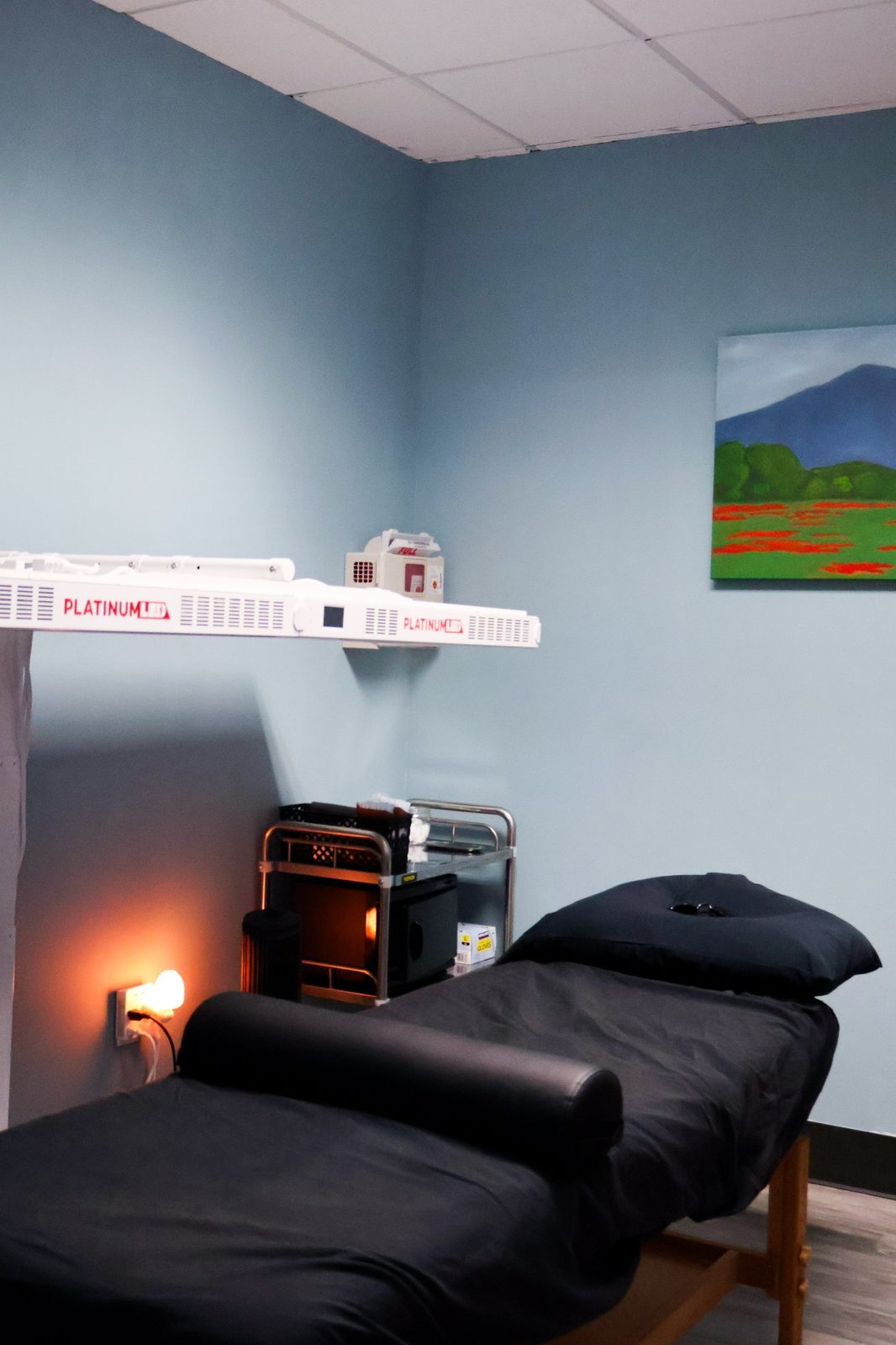 Infrared light therapy room with a PlatinumLED panel above the treatment table